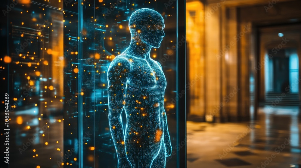 Poster transparent human silhouette filled with floating data points locked away inside a glowing glass vau