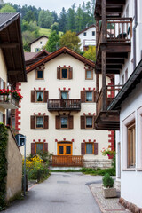 Ortisei, Italy houses and mountains in summer