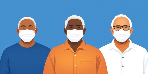 Fototapeta premium Three diverse men wearing masks against a blue background.