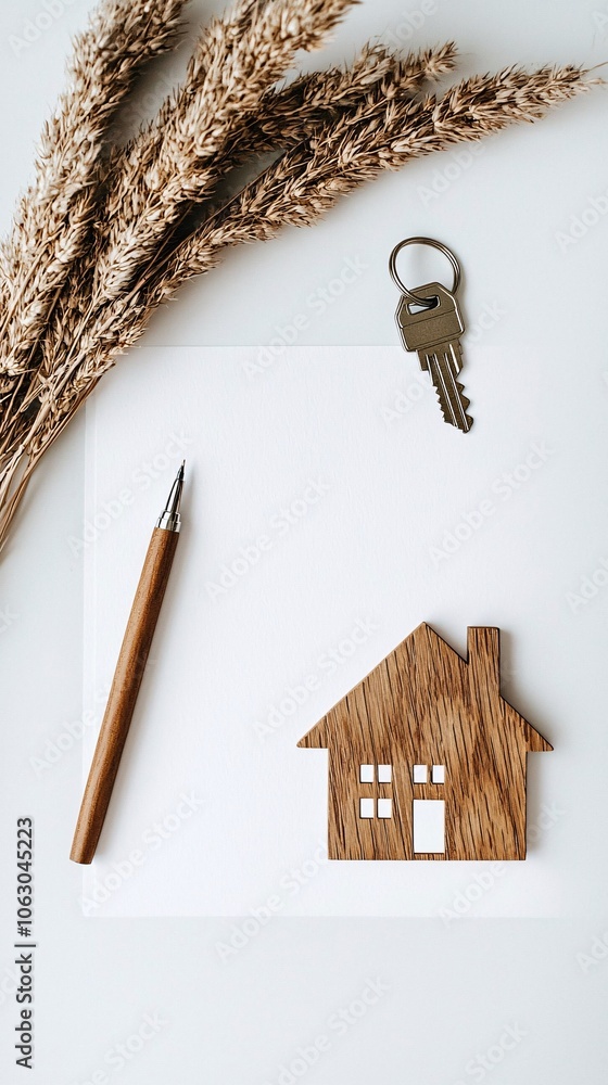 Poster a minimalist setup of a mortgage approval document with a pen and keychain in the shape of a house, 