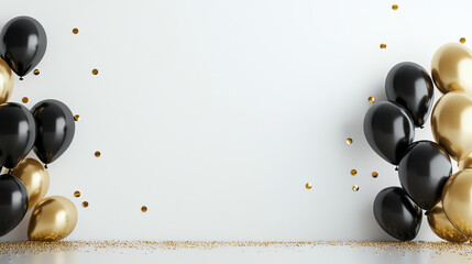 Minimalistic Black and Gold Party Setup with Balloons and Confetti