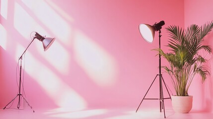A simple photography studio set up with two lights and a plant.