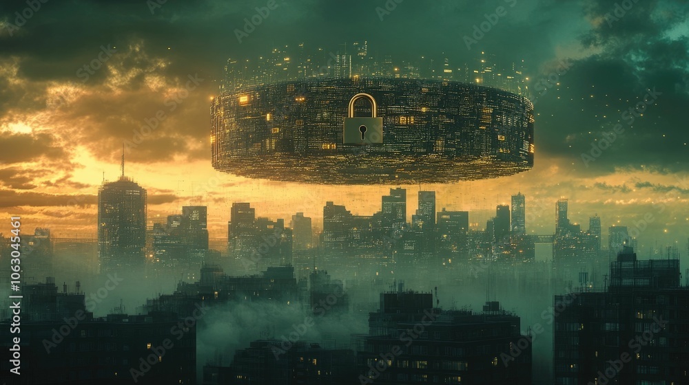Poster floating padlock icon hovers above a city skyline made of data points symbolizing the need for priva