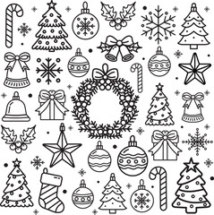 Elegant Minimalist Christmas Holiday Outline Icon Set – Seamless Pattern with Festive Trees, Ornaments, Snowflakes, and Winter Decorations