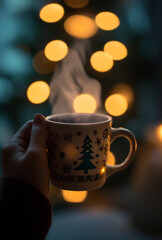 A cozy winter evening with a steaming mug of hot beverage and warm holiday lights in the background