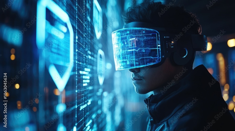 Poster portrait of a person wearing augmented reality glasses with visible digital encryption shields prote
