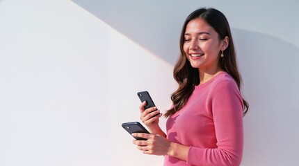 Naklejka premium woman holding two cell phones