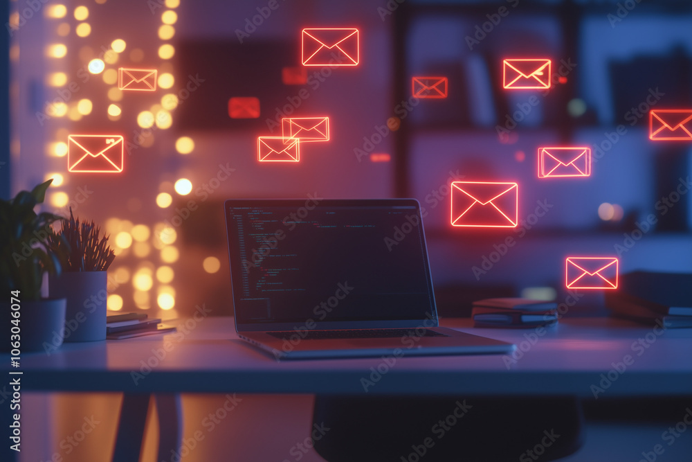 Poster laptop on a desk with floating red email icons around it, representing communication and connectivit