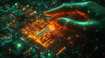Fototapeta premium Abstract representation of data ownership and digital security A glowing hand holding a digital key unlocks a matrix of encrypted personal information