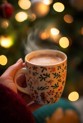 Cozy evening with a warm mug of hot chocolate in front of a beautifully decorated Christmas tree