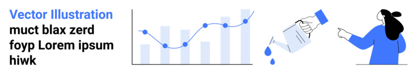 Businesswoman indicating growing data on a line chart. Watering can pouring liquid, representing growth and nurturing. Ideal for business reports, data analysis, presentations, startups, financial
