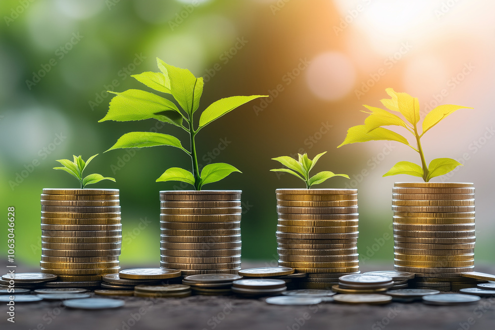 Poster tree growing on coins stack in the vase, symbolizing saving money concept, with copy space. soft nat