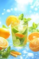 Refreshing citrus drink with mint garnishing surrounded by vibrant oranges and lemons