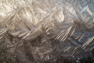 Close-Up of Winter Frost Patterns and Ice Crystals on Glass: Chilling Cold Weather Background