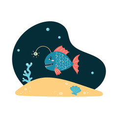 Cute anglerfish at bottom of sea Character in children's style. Isolated vector illustration.