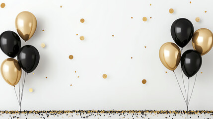 Minimalistic Black and Gold Party Setup with Balloons and Confetti