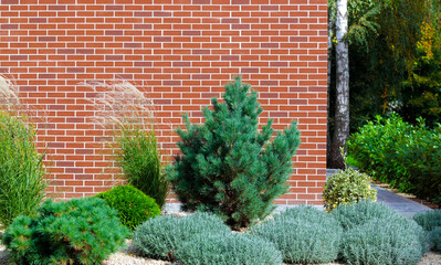 architecture landmark landscaped design side walk street building space flower bed bush and plants along red brick wall background