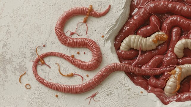 Detailed View of Parasitic Worms in Host Intestine