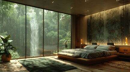 Modern bedroom with large windows overlooking a waterfall and jungle.