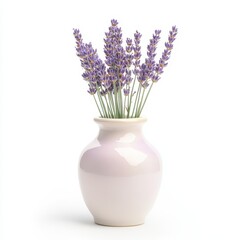 A vase filled with purple flowers sits on a white background