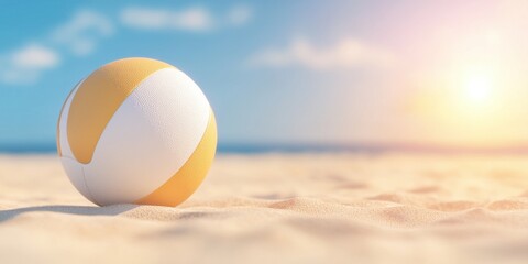 Beach ball on sand under warm sunlight, summer vacation outdoor relaxation.