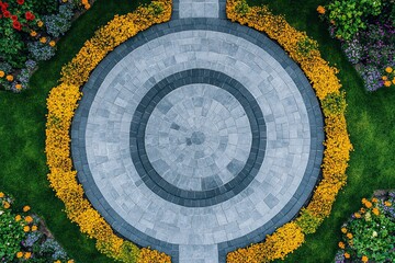top view luxury circle yellow and grey stone pavement with beautiful grass line and flowers around it 