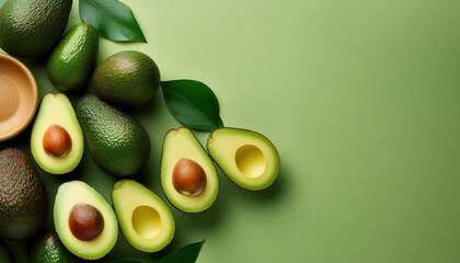 Fresh Ripe Avocados with Leaves on Green Background. Ideal for Healthy Food, Plant Based Diets, Natural Products, or Organic Lifestyle Content with Copy Space