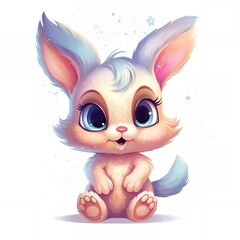 Adorable cartoon bunny rabbit with big blue eyes and soft fur sitting on a white background.