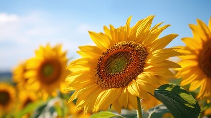 Obraz premium A close-up of sunflowers in a vast field, their bright colors shining