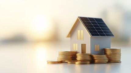 Miniature House with Solar Panels and Coins Displayed