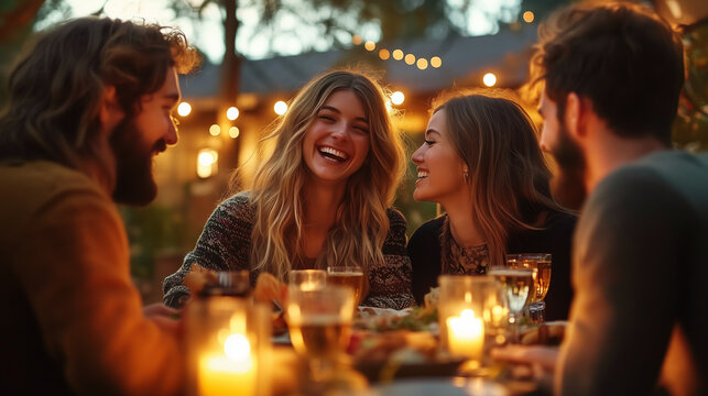 A vibrant group of friends enjoying drinks and laughter around a candle-lit table in a cozy, rustic outdoor setting, warm string lights enhancing the joyful autumn ambiance.