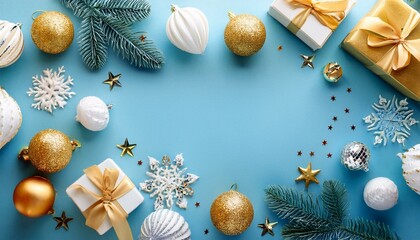 Merry Christmas and Happy Holidays greeting card, frame, banner. New Year. Noel. Christmas white and golden ornaments and gifts on blue background top view. Winter xmas holiday theme. Flat lay.