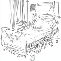 A hospital bed with medical equipment in the background, drawn in black and white.