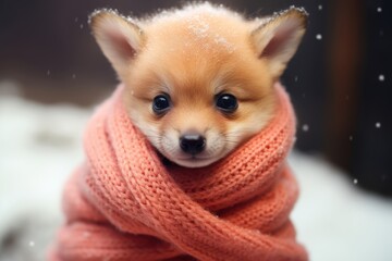 Obraz premium Cute puppy wrapped in a pink scarf with snowflakes in the background. Cozy winter pet portrait.