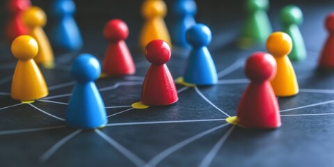Colorful game pieces on a network board, depicting connection and teamwork concepts.