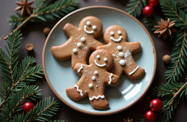 Festive gingerbread cookies on plate with holiday decorations