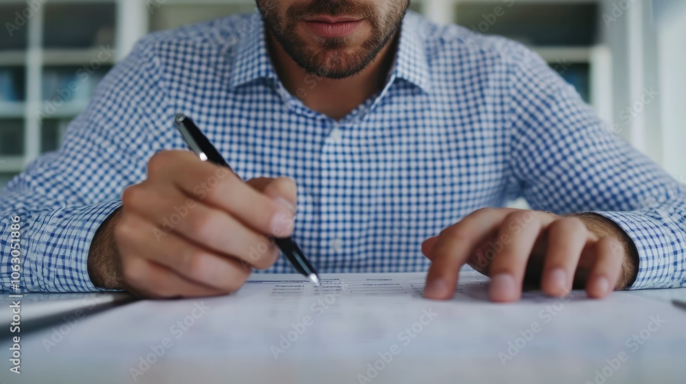 Aufkleber professional man focuses on important tasks while writing and analyzing documents at work