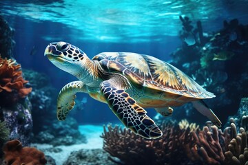 Sea turtle swimming through clear blue water surrounded by coral. Vibrant underwater wildlife photography capturing marine life.