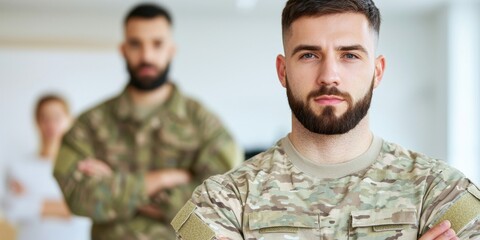 Fototapeta premium Confident soldier poses for a portrait in military uniform, blurred background.