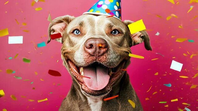 A happy dog wearing a birthday hat smiles at the camera with confetti falling around it
