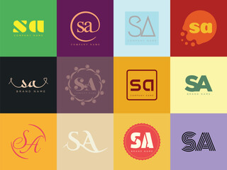 SA logo company template. Letter s and a logotype. Set different classic serif lettering and modern bold text with design elements. Initial font typography.