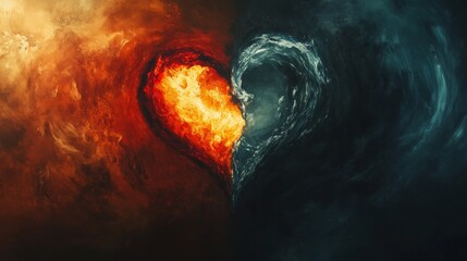 A fiery red heart on the left side and a blue water heart on the right side separated by a thin black line with swirling clouds behind them.