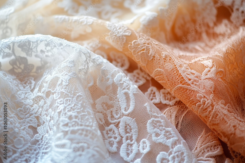 Poster a close-up view of delicate lace fabrics, featuring intricate floral patterns, exhibiting a soft ble