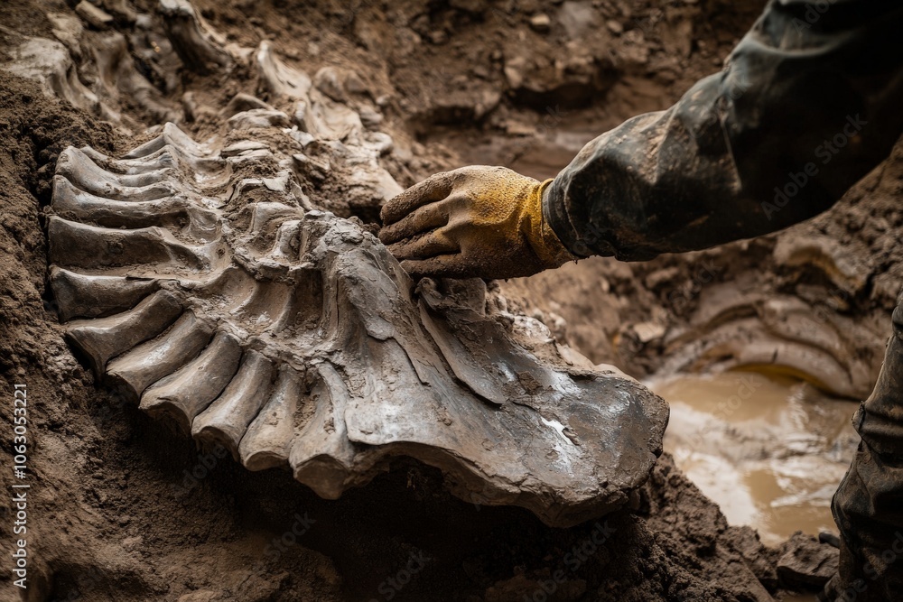 Poster An archaeologist discovers a large fossilized shell embedded in the soil, offering a glimpse into marine life from the past, igniting curiosity about ancient ecosystems.
