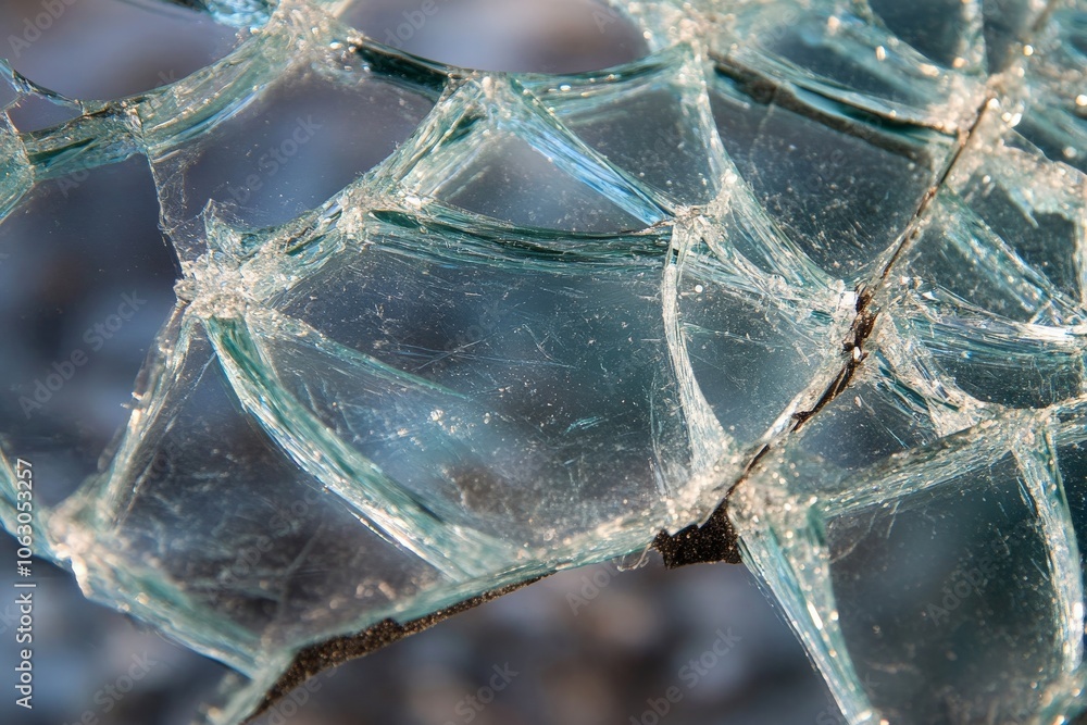Aufkleber Close-up image of glass shards featuring sharp edges and intricate cracks, representing themes of danger, fragility, and the beauty within imperfection.