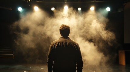 Smokey theater spotlights with a showman in dark atmosphere