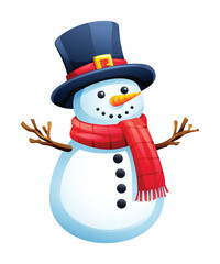 Snowman with hat, scarf, and twig arms in winter holiday theme. Vector cartoon illustration