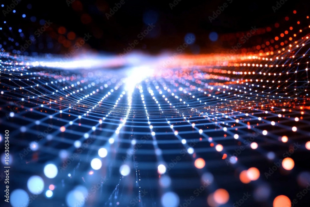 Aufkleber an imaginative artwork displaying a detailed grid of colored lights and dots, reflecting futuristic 