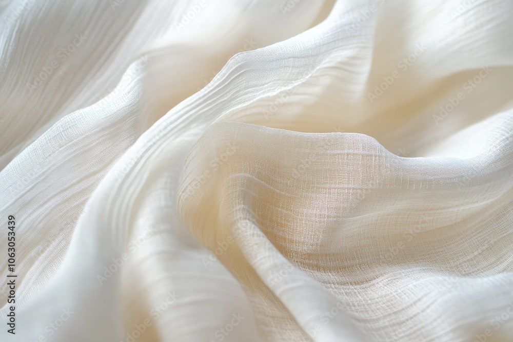Poster a graceful image of sheer white fabric, showing soft, flowing waves and delicate textures that conve