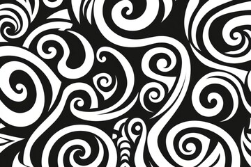 Fototapeta premium A beautiful seamless pattern showcasing Maori tribal designs, with bold spirals and curving lines, rendered in black and white, perfect for tattoos, cultural products, or home decor